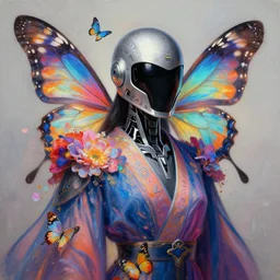 portrait of a beautiful helmet sleek robot designed by apple dressed in mesmerizing robes and helmet, facemask, butterfly wings, runes, butterfly, mystical, ethereal, magical colorful flowers, concept art painting by greg rutkowski and david a. hardy
