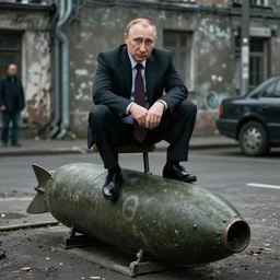 Vladimir putin sitting on top of a nuke, artstation, morbid, dark photography, realistic, candid street portrait in the style of Rehahn award winning, Sony a7R,