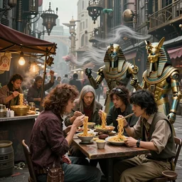 steampunk metropolis street scene where hipsters, shamans and egyption god robots huddle against the wind eating noodles at a street food stall. gothic steampunk fantasy, by anato finnstark and hayao miyazaki, 8 k, extreme detail, sharp focus, octane render