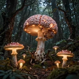 a weird magical forest with glowing mushrooms made entirely out of brains. The trees look like bones. Highly detailed. 8k. Fantasy horror.