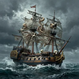 A giant coral encrusteds keleton emerging from the stormy ocean depths attacking a 17th century Ship-of-the-line, atmospheric, dramatic, concept art by Peter Mohrbacher