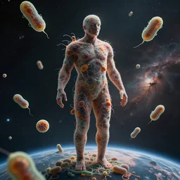 floating bacteria, fibers, forming a gigantic human body, standing on a planet, enviroment, nebula, space tunnel, 4 k, octane render, houdini particles, 8 k, lifelike, high detailed, hyper - realistic, cinematic, epic, moody, photography by sarah morris, craig mullens, artstation, nasa, lens dirt