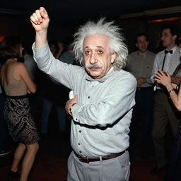photo of albert einstein dancing at a house party in the club