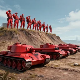 red army on a hill lined with allied red tanks, cyberpunk, hyperdetailed, artstation, cgsociety, 8 k