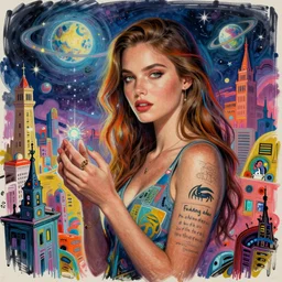 a sketch, ultra detailed, colorful, mystical travel, magic, universe, beautiful woman, similar to alexandra daddario, surreal city, in style of jean - michel basquiat, trending on artstation