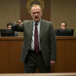 saul goodman doing t - pose in courtroom to intimidate prosector