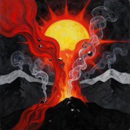 magical sun exploding over the black mountains, chiaroscuro, red fabric, metalic parts, transparent smoke from hell, notan sun in the background, abstract, surreal art, painted by beksinski and android jones
