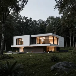 a 4 k photo, raytracing, hyper realistic photo with a modern villa in the middle of the dark forest.
