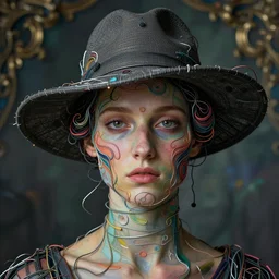 a beautiful Futuristic portrait with hat made by wires twisted around her face ,inspired by egon schiele ,modern art,baroque art, new classic,hyper realistic,cinematic composition,cinematic lighting,fashion design, concept art, hdri, 4k -