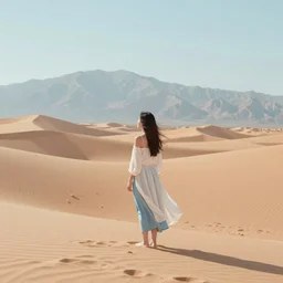 “a girl stood among the desert dunes, pondering the mountains in the distance, peaceful pastel palette, matte painting.”