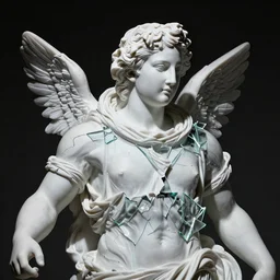 “Plastic Apollo statue with shattered glass glued upon it, detailed but rough, 4k photo, great light and shadows”
