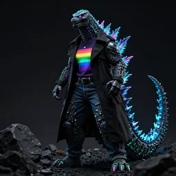 female humanoid godzilla dressed in a black trench coat, rainbow t - shirt, and jeans, neon, electric colors, dark mode, tones of black, tones of black in background, low contrast, 3 2 k, ultra - hd, super - resolution, megapixel, glow - in - the - dark, rock, rocky, uranium, metallic fiber