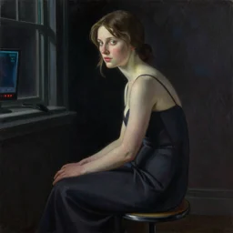 A woman sitting on a stool, in the style of Hajime Sorayama,  extremely detailed masterpiece, oil on canvas, low-key neon lighting, artstation, Blade Runner 2049, Roger Deakin’s cinematography, by J. C. Leyendecker and Peter Paul Rubens and Edward Hopper and Michael Sowa,