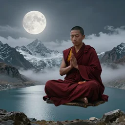 buddhist monk in dark red cloth in lotus position and hands in namaste, fly over himalaya mountains gokyo lake in weightlessness, big moon, small fog and gloomy atmosphere, highly detailed science fiction illustration by jeremy geddes. photorealistic, hyper detailed illustration, 8 k, movie still