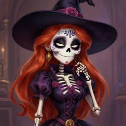 cute & beautiful smug smiling mexican undead skeleton girl with red hair dressed as a witch, elegant, digital art, fantasy, pixar style, painting, pin up, highly detailed, artstation, art by artgerm, vrubel, greg rutkowski and ilya kuvshinov
