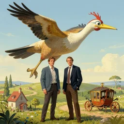 greg rutkowski and thomas kinkade, salvador dali, huge bird and carriage house, magic village