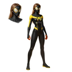 full body character turnaround of a woman in an orb weaver inspired outfit and mask, character sheet, spiderwoman!!!!!, john singer sargent, good value control, digital painting, concept art, running shoes, sharp focus, illustration, 8 k, black undersuit, black main color with yellow secondary color, realistically proportioned body, realistically proportioned head