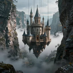 floating castle hanging by chains in the air, inside a gorge, below only cloud dark void, 8k resolution, octane,