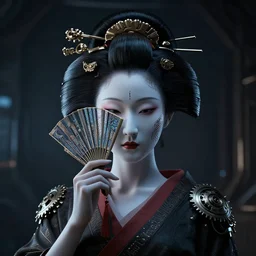 a hyper realistic futuristic, minimal, stunningly cyborg tradition geisha photograph, covering face with a intricate sci - fi fan, in a dark futuristic room, metal gear solid, dark moody backlighting, ray tracing, octane render,