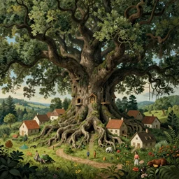 village hewn into the gnarled roots of an enormous oak tree, idyllic forest scape a surrealist interior mental landscape by hieronymus bosch, cyril rolando, esher and natalie shau, whimsical, profound, impossible. trending on devaintart.