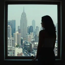View from window on megapolis, silhouette of women who watches to the window, pulp fiction