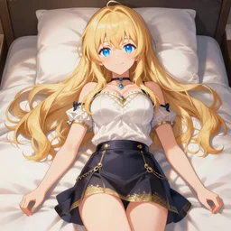 a very beautiful anime cute girl, full body, long wavy blond hair, sky blue eyes, full round face, short smile, fancy top, miniskirt, front view, medium shot, mid-shot, laying in bed,  highly detailed, cinematic wallpaper by Stanley Artgerm Lau
