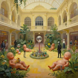 lush garden minimalist oil painting by donato giancola, chris foss, maschinen krieger fetuses organic laboratory, victorian shopping mall courtyard, beeple, the matrix, star wars, ilm, star citizen, mass effect, warm coloured, artstation, atmospheric perspective