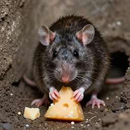 a mutant disgusting rat eating cheese in a sewer, photograph, terror, horror, mutant,