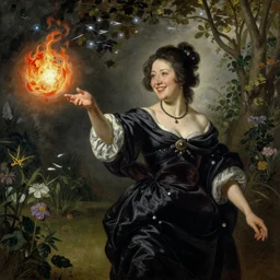 female portrait, Theresa May as a smiling hapa sorceress chasing will-o-wisps casting a fireball in a garden, detailed painting by Anthony Van Dyck
