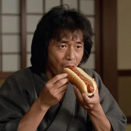 scene from Kagemusha, 1980, movie still, cinematic, a samurai eating a delicious hot dog, epic,