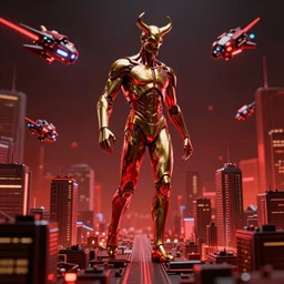 the fight between heaven and hell by greg rutkowski and thomas kinkade, trending on artstation., red and gold color scheme, macro up view of a giant human metallic of 1 km of hight walking on the small city, tron, close up bokeh hiperrealistic neon glow darkness dramatic neon f - zero ships, sharp focus, octane render, imax