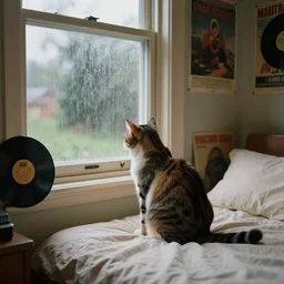 photography of a Cat . watching outside the window while it rains. on a bed. in a 70's room full of vinyls and posters, photorealistic, raining award winning photo, 100mm, sharp, high res