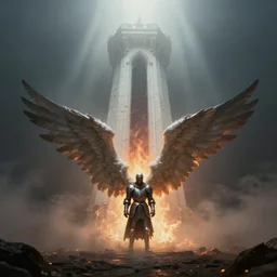 fallen angel in medieval armor standing in front of a tall white tower with a dark and fiery entrance, centered, symmetry, fire, lava, dark, volume lights, foggy, god rays, 4k, octane render, cinematic, artstation trending, moody, liminal space, hazy, dramatic lighting, epic, dream, atmospheric, volume light, volume shader, slightly desaturated, smoke, dust, rimlight, slightly chromatic aberration, fluid simulation, volumetric, hyper realistic.