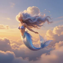dreamy mermaid in the sky with flowing stratocumulonimbus clouds for hair, golden hour clouds at sunset high in the sky wonderland, floating matte painting from Fantasia (1940)