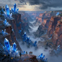a beautifully ultradetailed painting of a canyon on the side of a mountain filled with giant intense blue crystal shards illuminated by orange fireflies, icy mist, morning shot, by albert bierstadt, makoto shinkai, raphael lacoste, and george caleb bingham, concept art wallpaper, 4 k : 3, storm, people : - 1, dof : - 1, blur : - 1, unreal engine, trending on behance
