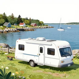 long!! towable long white rv!!! camper on the grass by the harbor in maine, rocky coast, sailboats in the water, tiny village, white background, cute digital watercolor art, 4 colors!!! trending on artstation