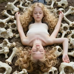 full frontal editorial photo of girl lying on bones, blonde, curly hair, clean big eyes, symmetrical beautiful face, clean skin, bones on ground, skull jewelry, native costume and accessories,, fashion editorial photography, hyperrealistic, from vogue magazine, ultra realistic, artgerm, reflections, gold, teal, orange
