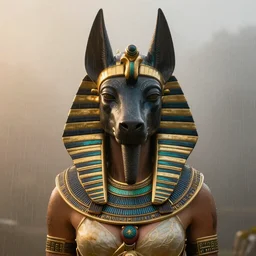 Beautiful aesthetically pleasing female Anubis warrior portrait, face centered portrait, Confident, fog, rain, volumetric lighting, beautiful, golden hour, sharp focus, ultra detailed, conceptartworld by Leesha Hannigan, Ross Tran, Thierry Doizon, Kai Carpenter, Ignacio Fernández Ríos