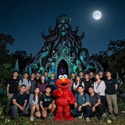 A camp of 20 people and 1 Elmo known as Slacker Camp taking a group selfie in front of Cthulhu at POrtal Burn 2022 in Almond NY, with a stary sky and a crescent moon