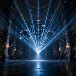 a spaceship beaming a light underneath, lasers all over the scene, strobe lights, winter, dark scenery, dark lighting, cinematic, cold freezing nights, laser lights, crybernetic, top floor boss shit, destroy lonely, black floor, lavish, luxurious, marble walls, cinematic, hyper realism, high detail, octane render, 8 k