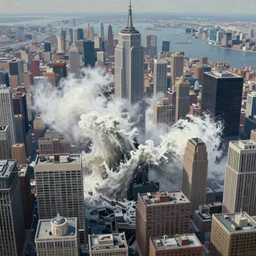 tsunamic crashing over manhattan, bird's eye view, wide shot, cinematic, realistic painting