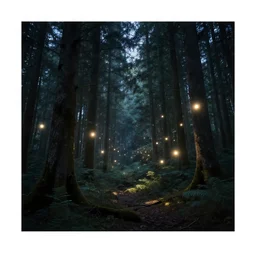 forest at night with floating lights by Alena Aenami