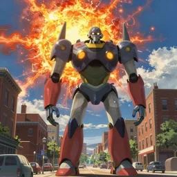 the sun is exploding and a giant robot in Northend the italian neighborhood Boston, MA in anime style a epic masterpiece and highly detailed by Makoto Shinkai and Raphael Lacoste