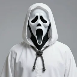 white cloaked superhero with a white full ghost mask no mouth and huge black hole - eyes, and a noose knot around his neck hyperdetailed illustration