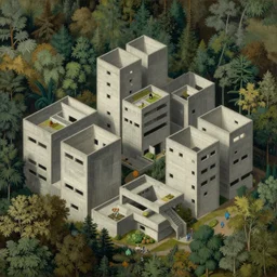 classical landscape paintings of brutalist concrete structures, forest, masterpiece, insanely detailed and intricate, isometric, by eugene von guerard