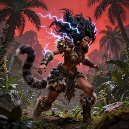 barbarian warrior woman with chimera cat tail, cat tail, furry tail, barbarian pelt, cavewoman, black hair, electrified hair, wild spiky black saiyan hair, surrounded by electrical aura, prowling around primeval jungle, palm trees, rocks, mountains, red sky, hyperdetailed, ultra high definition, realism, 4 k, frank frazetta