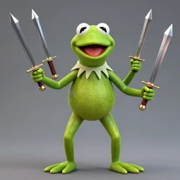 a giant kermit the frog, fully on - chain, armed with 3 2 arms wielding 3 2 swords