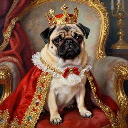 the royal king's pug puppy by greg hildebrant lisa frank vaporwave fancy rococo baroque regal oil painting high quality award winning clothed in fancy garb