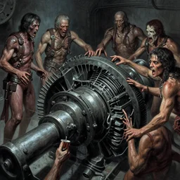 concept inks of machine returning to machine by machine turbine by virgil finlay, shigeru komatsuzaki, wayne d barlowe, alex ross, enric torres, simon bisley & boris vallejo, hyper realism, cinematical, narrative light, muted colors, epic, hyper detailed, awe inspiring, award winning horror,