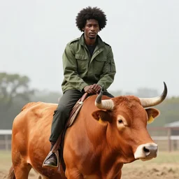 photograph of a black man with afro hair wearing an army green jacket riding an orange colored bull